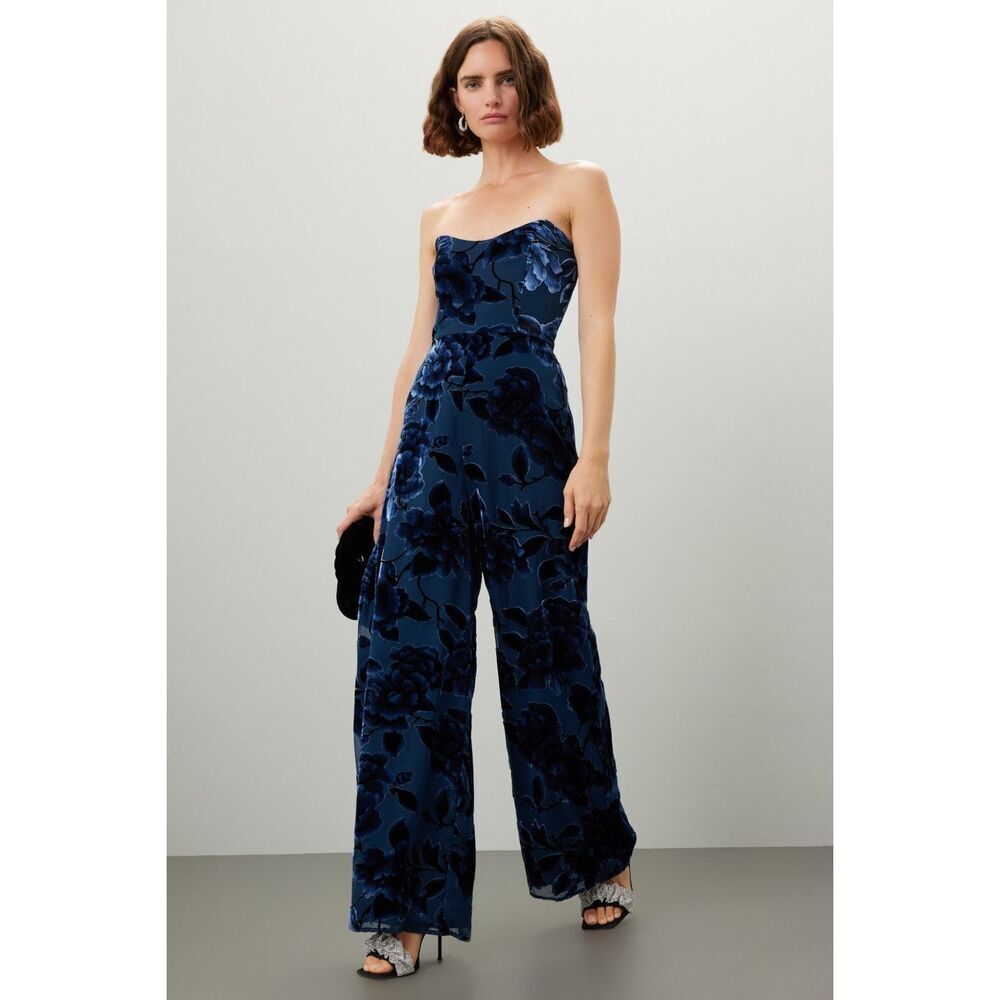 Hutch Navy Blue Strapless Floral Velvet Jumpsuit